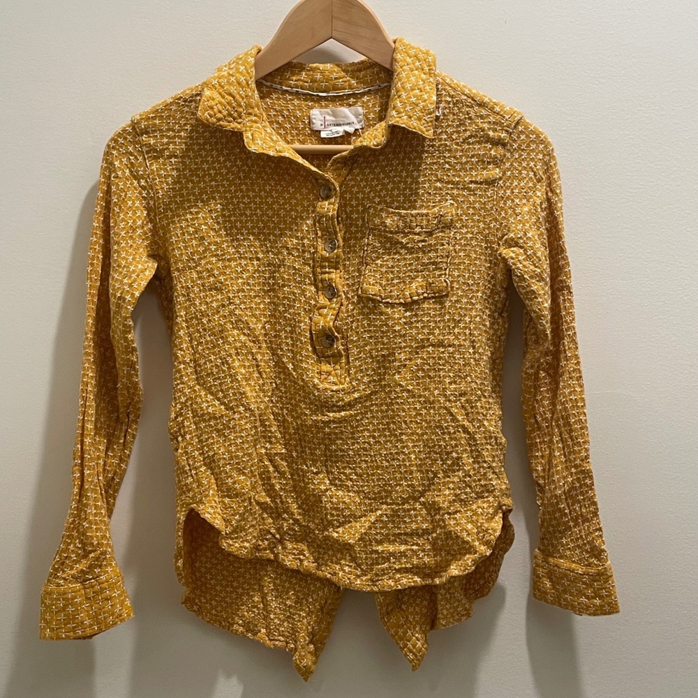 Anthropologie Mustard Yellow Embroidered Back Button Wool Blend Top Small